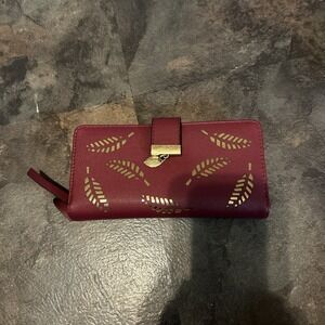 SHEIN Hollow Leaves Fall Wallet Maroon Wine Gold Tri Fold Women's Beige Inside